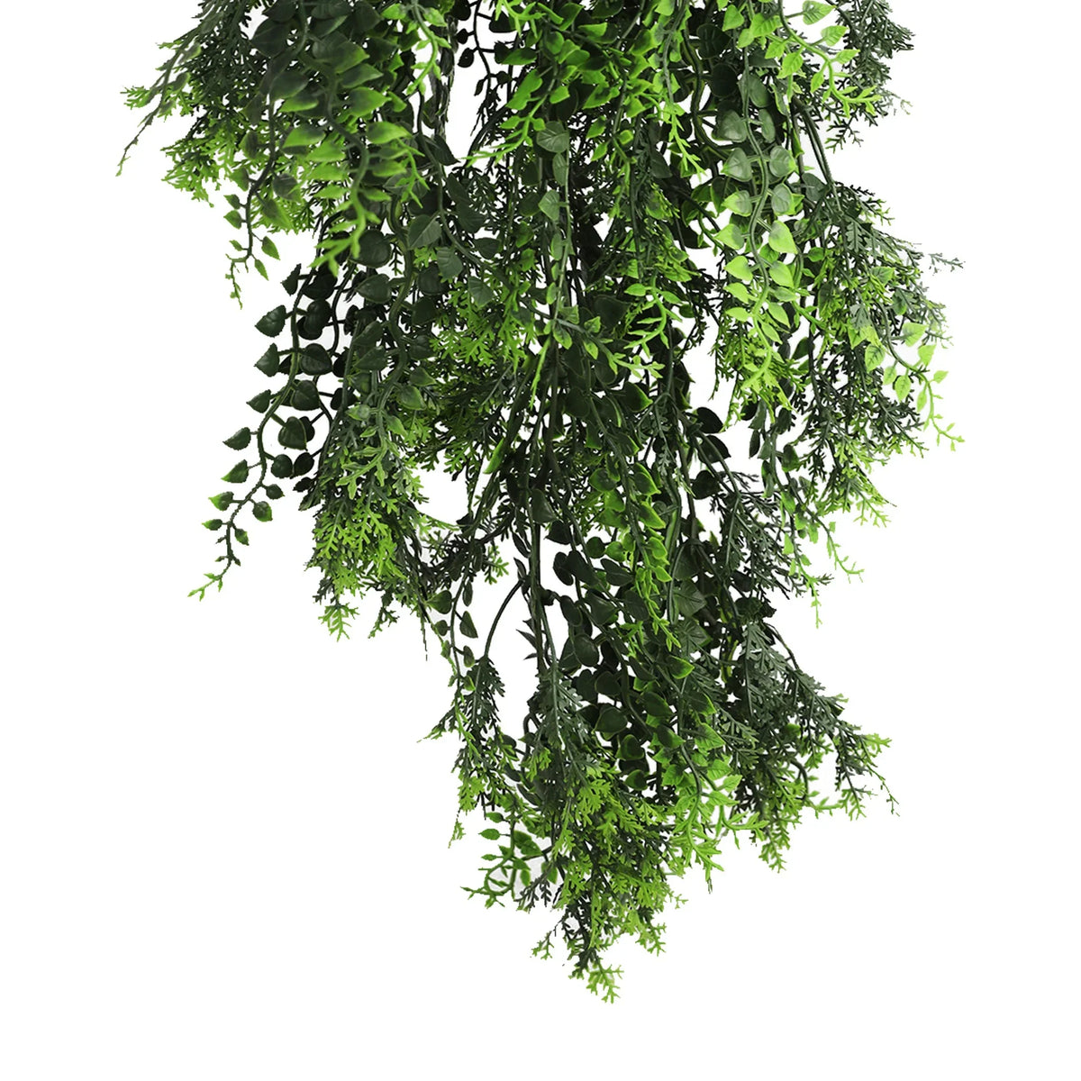 Artificial Mediterranean Fern Vine hanging plant by Designer Plants USA, UV-resistant, fire-rated 8.6x30 inches for outdoor decor.