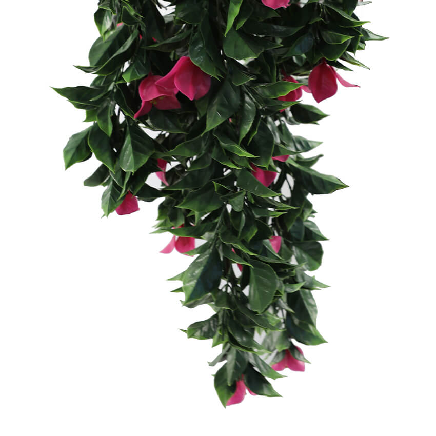 Set of 5 pink bougainvillea artificial hanging plants, 35 inches tall, UV resistant, from Designer Plants USA.