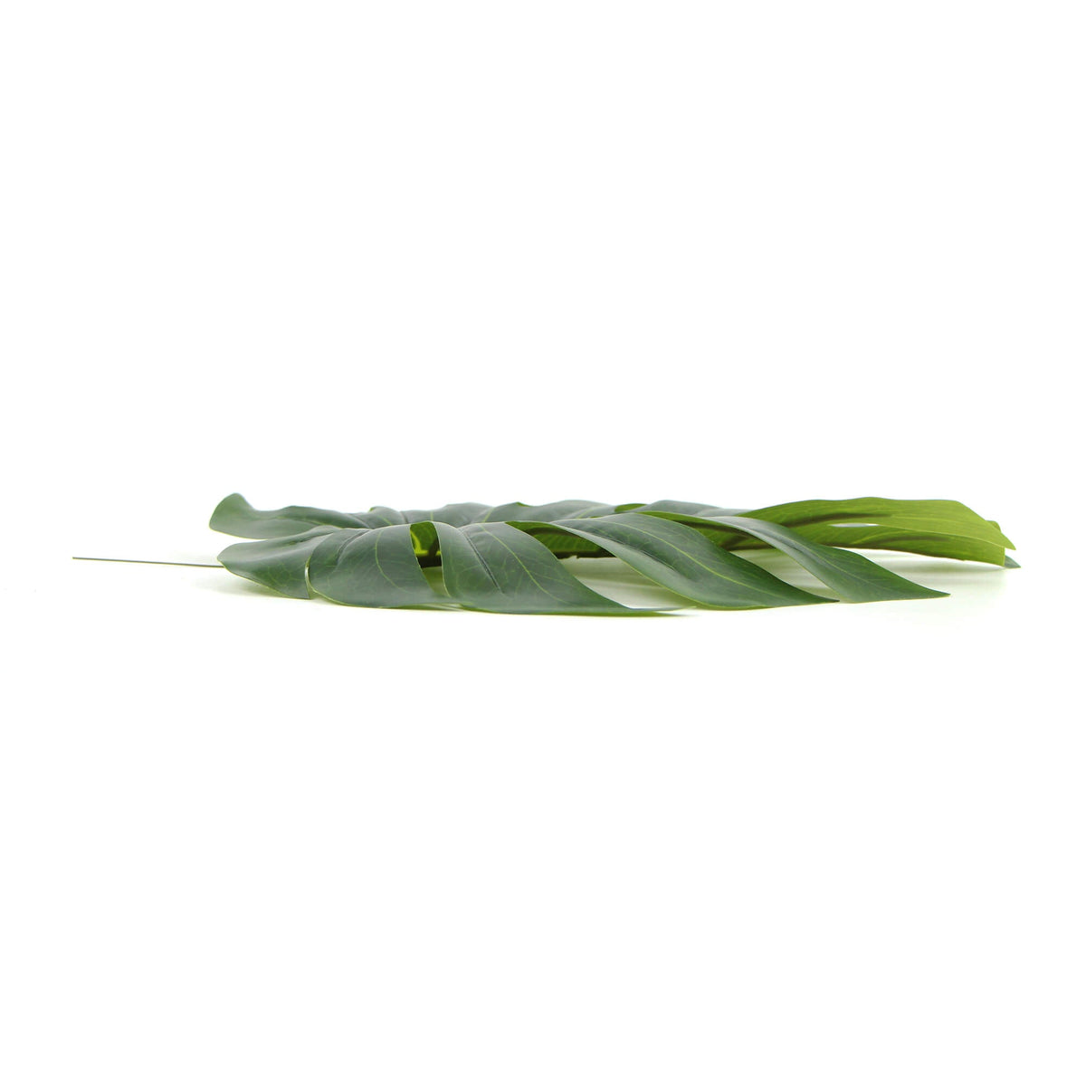 Artificial philodendron leaf hanging plant, 11.5 inches tall, side profile view, from Designer Plants USA for realistic indoor decor.