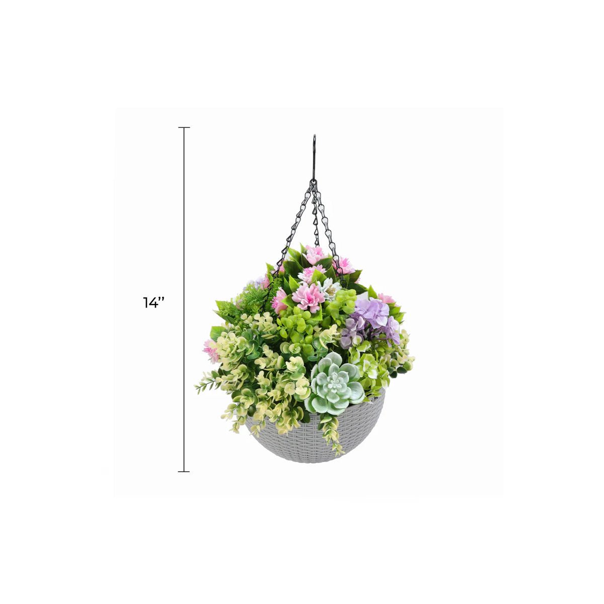 Artificial hanging succulent basket, 14-inch UV-resistant design, from Designer Plants USA, perfect for outdoor decorative plants.