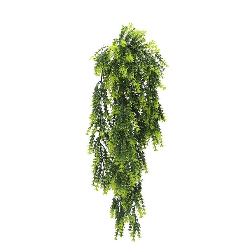 Vivid green dense fern artificial hanging plant, 30 inches tall, UV resistant, ideal for outdoor or indoor decor.