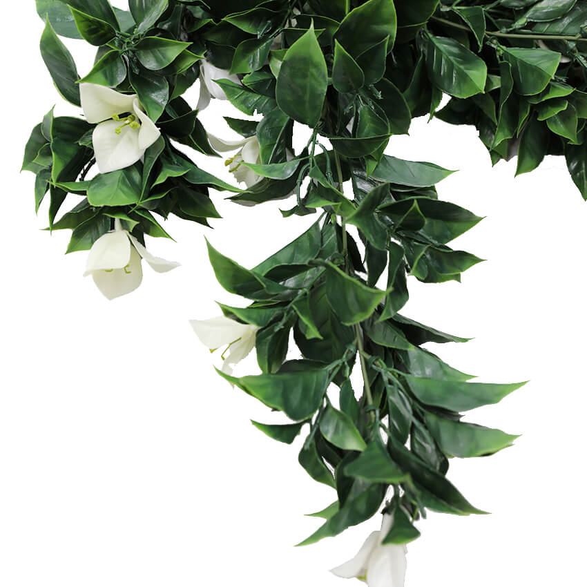 Set of 5 white bougainvillea artificial hanging plants, 35 inches tall, UV resistant, by Designer Plants USA.