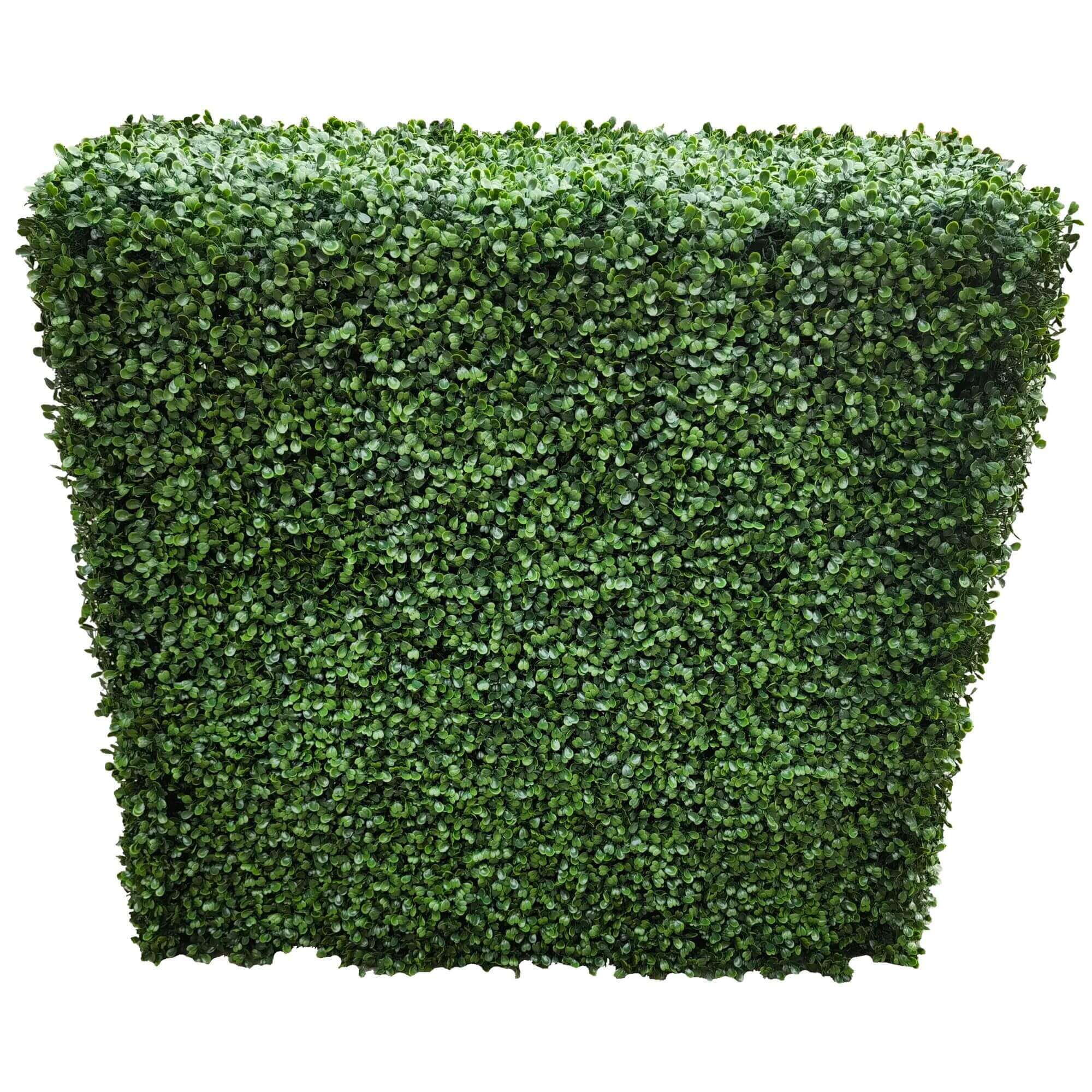 Two-tone green Designer Plants USA artificial boxwood hedge, 40x40 inches, UV resistant, commercial grade, freestanding decorative hedge.
