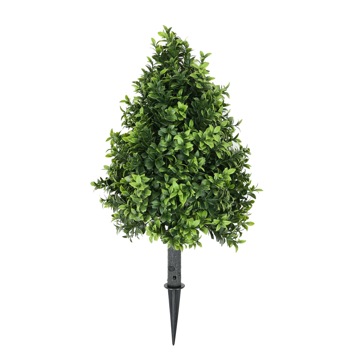 Artificial boxwood topiary shrub with ground spike, 14 inches tall, UV resistant, from Designer Plants USA, designed for decorative outdoor use.