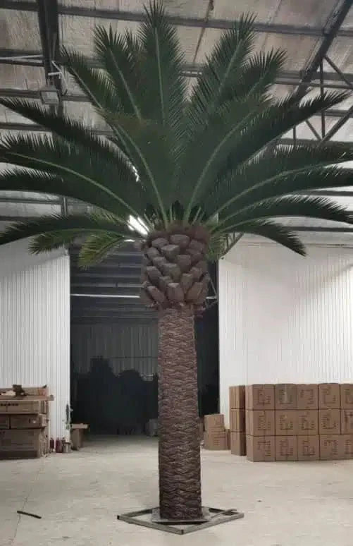 Large artificial Florida palm tree by Designer Plants USA, 13 to 23 feet tall, UV resistant, suitable for outdoor or indoor decor.