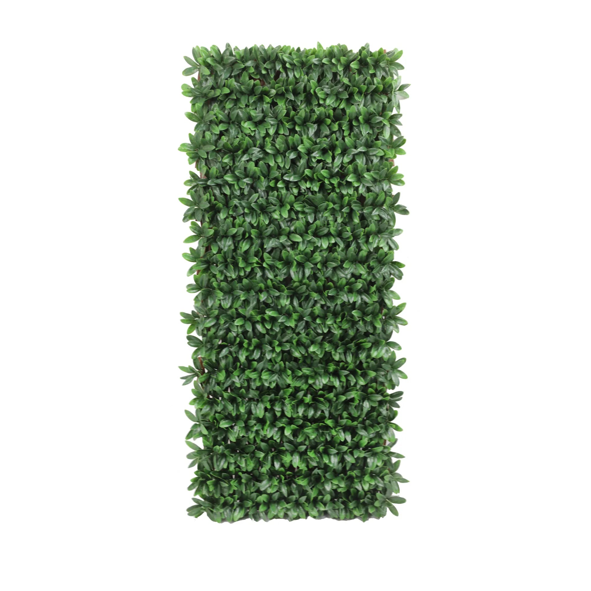 Artificial English Laurel trellis privacy screen by Designer Plants USA, UV resistant and expandable for outdoor garden privacy.