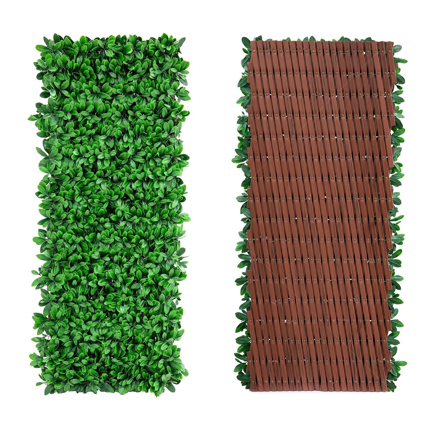 Expandable artificial trellis privacy screen with lush green English laurel design, UV resistant, by Designer Plants USA