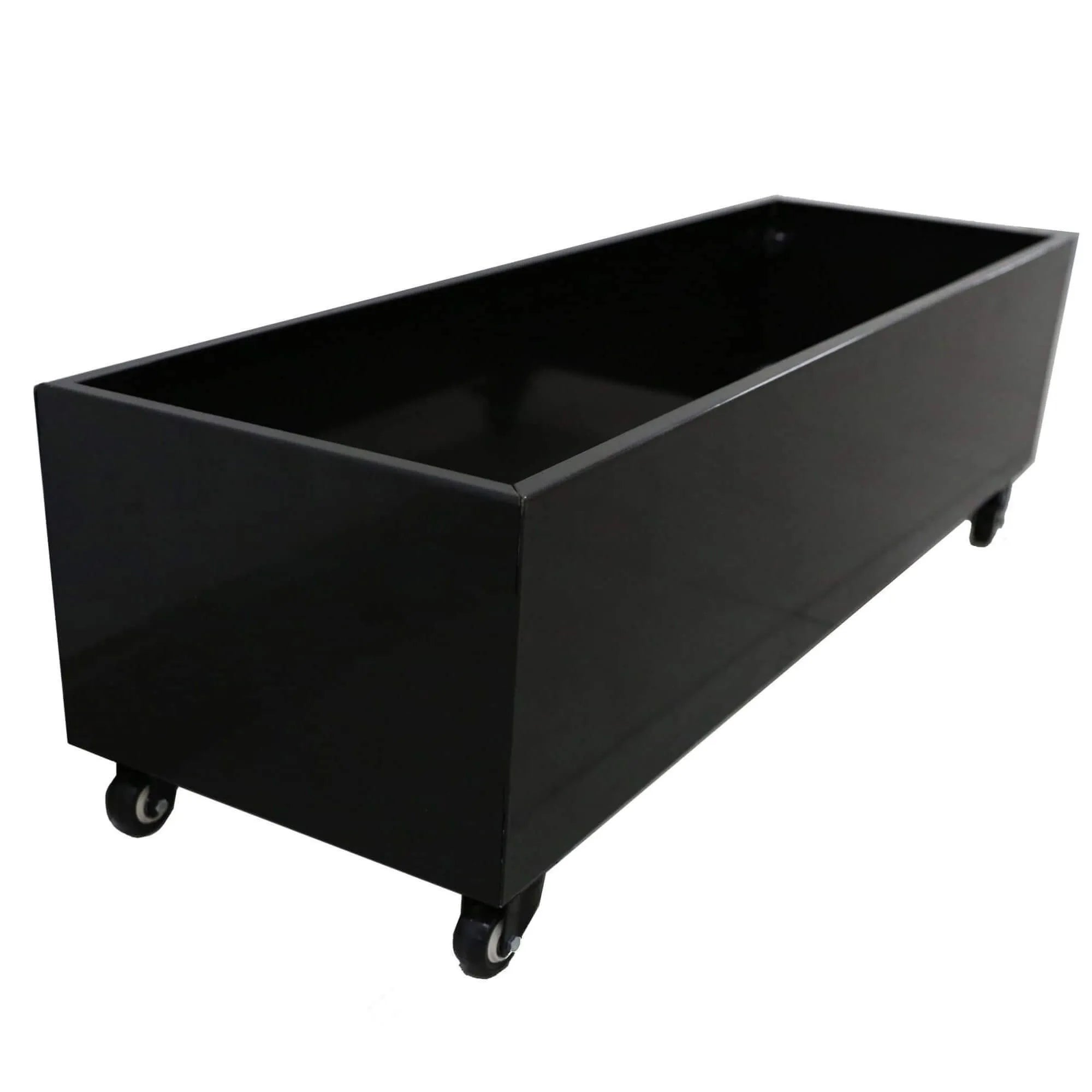 Medium black metal planter with wheels for artificial hedges, designed for easy mobility and modern garden decor.