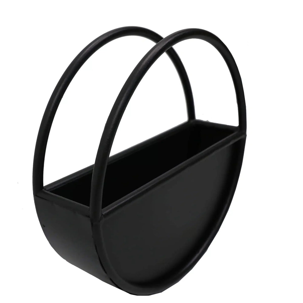Onyx black floating half moon metal wall planter by Designer Plants USA, 45cm install part for indoor or outdoor plant display