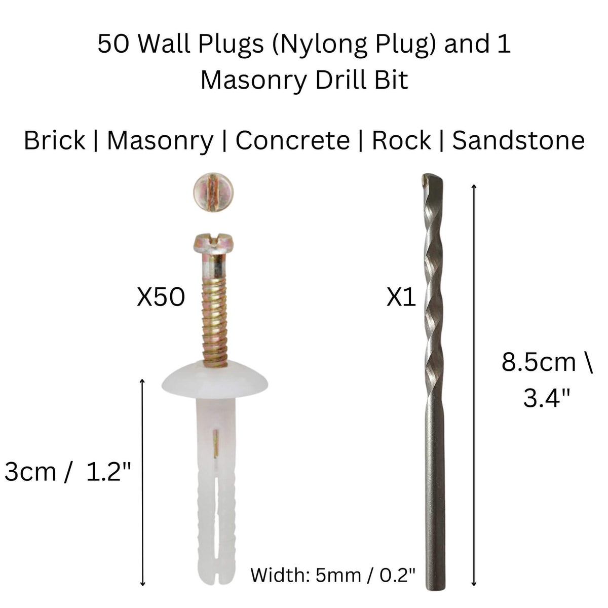 Set of 50 wall plug and drill bit installation parts from Designer Plants USA, suitable for secure wall mounting projects.