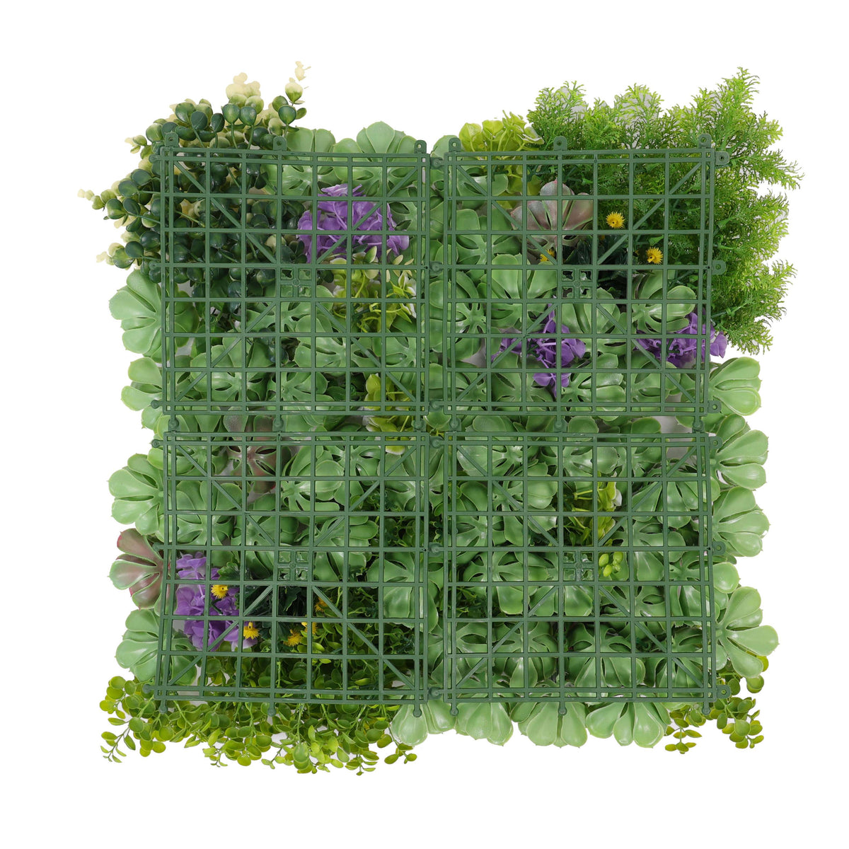 Artificial vertical garden panel with dense succulents, UV resistant green wall for commercial or living wall installations.