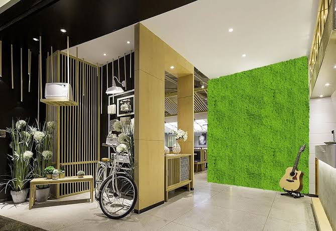 Artificial Evergreen Moss Green Wall Mat by Designer Plants USA, UV resistant commercial-grade living wall for indoor or outdoor use.