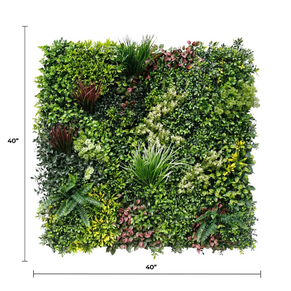 Set of three Evergreen Triptych artificial vertical garden panels for living walls, UV resistant, covering 33 sq ft, commercial grade.