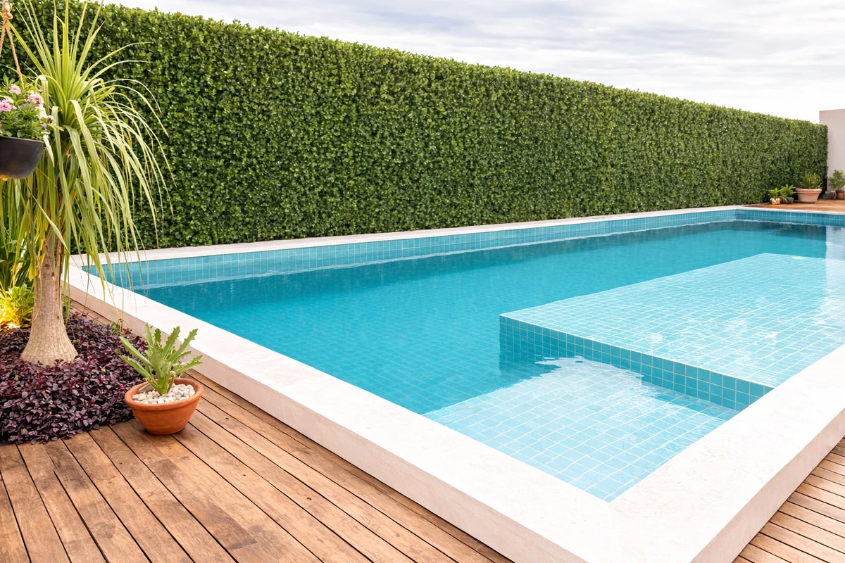 Natural boxwood artificial vertical garden panel by Designer Plants USA, UV-resistant green wall living wall around a pool wall.