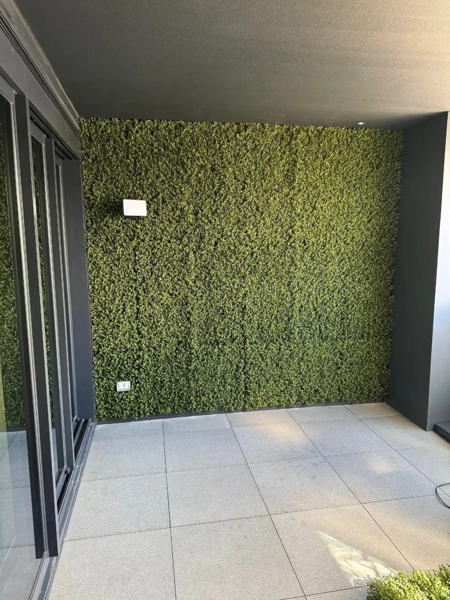 Artificial boxwood vertical garden panel by Designer Plants USA, UV resistant living wall for entrance decoration, 40x40 inches.