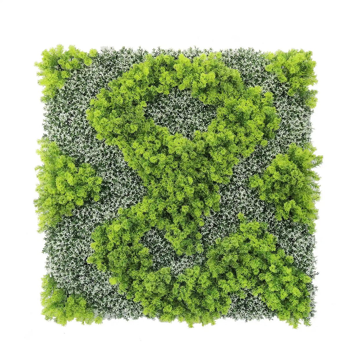 Artificial green wall panel with lush green and white moss for vertical gardens, UV resistant, 40x40 inches, commercial grade.