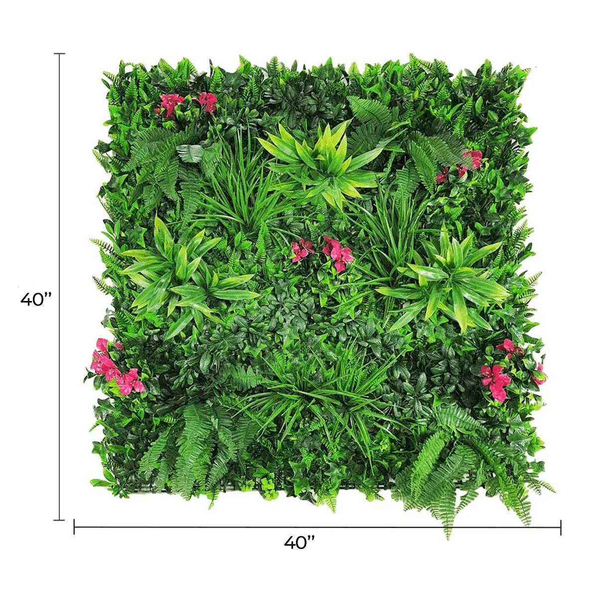 Pink Sensation artificial vertical garden panel by Designer Plants USA, UV-resistant green wall for commercial or home use, 40x40 inches.