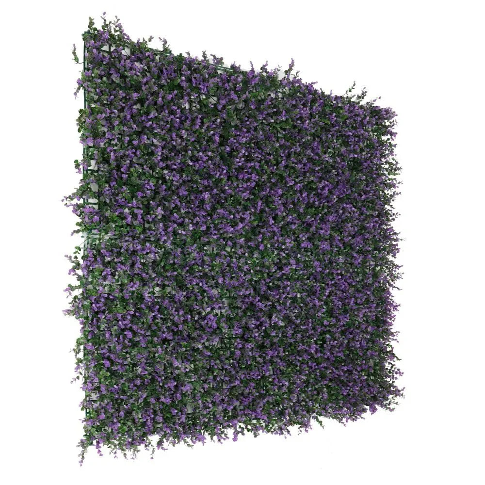 Side view of a purple lavender artificial foliage vertical garden panel by Designer Plants USA, UV resistant, 40x40 inches.