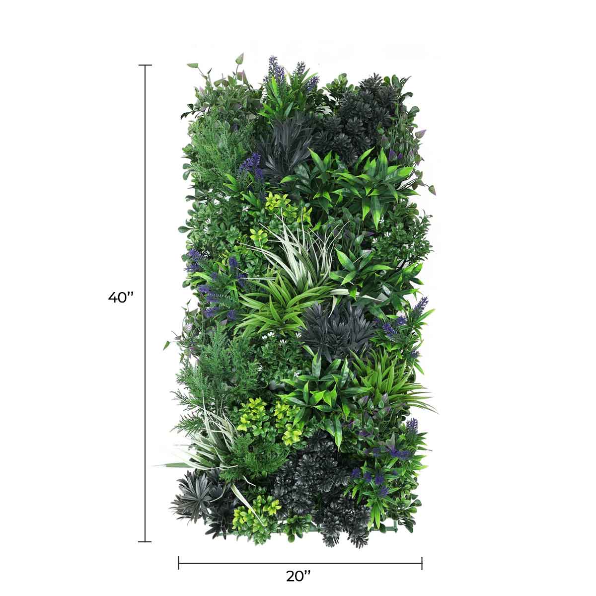 Artificial green wall panel with rustic botanical lavender design, UV resistant, 40x20 inches, ideal for living wall decor by Designer Plants USA.
