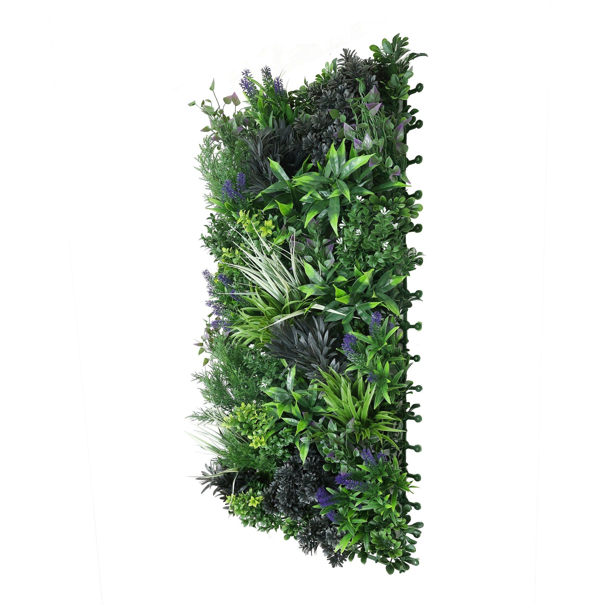 Side view of a 40x20 inch rustic botanical lavender artificial green wall panel by Designer Plants USA, UV resistant for outdoor use.