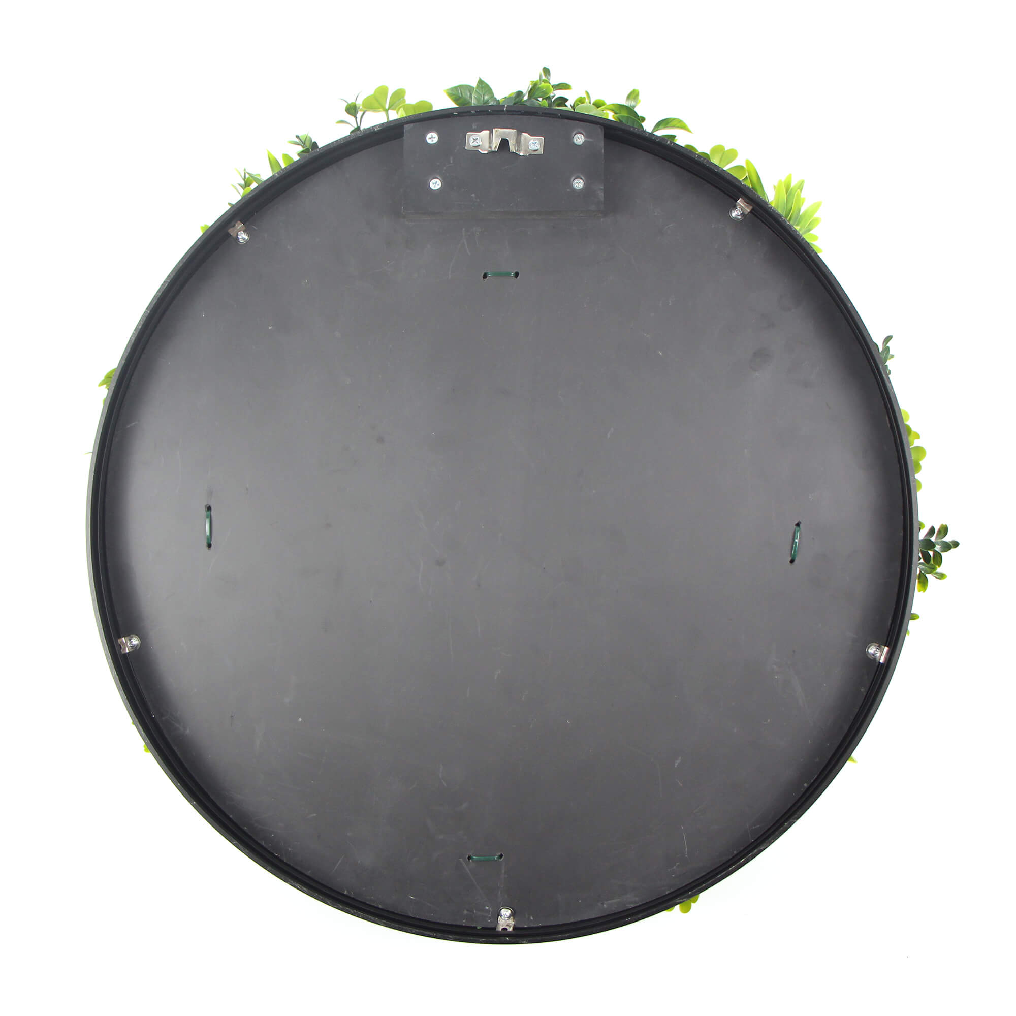 Slimline white flowering artificial green wall disc with white frame, UV resistant living wall by Designer Plants USA.