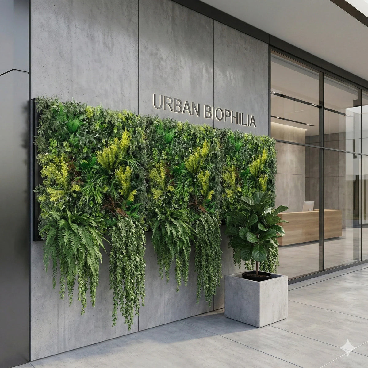 Artificial tropical green wall panel by Designer Plants USA, 35x35 inches, UV resistant, fire-rated living wall for commercial spaces.
