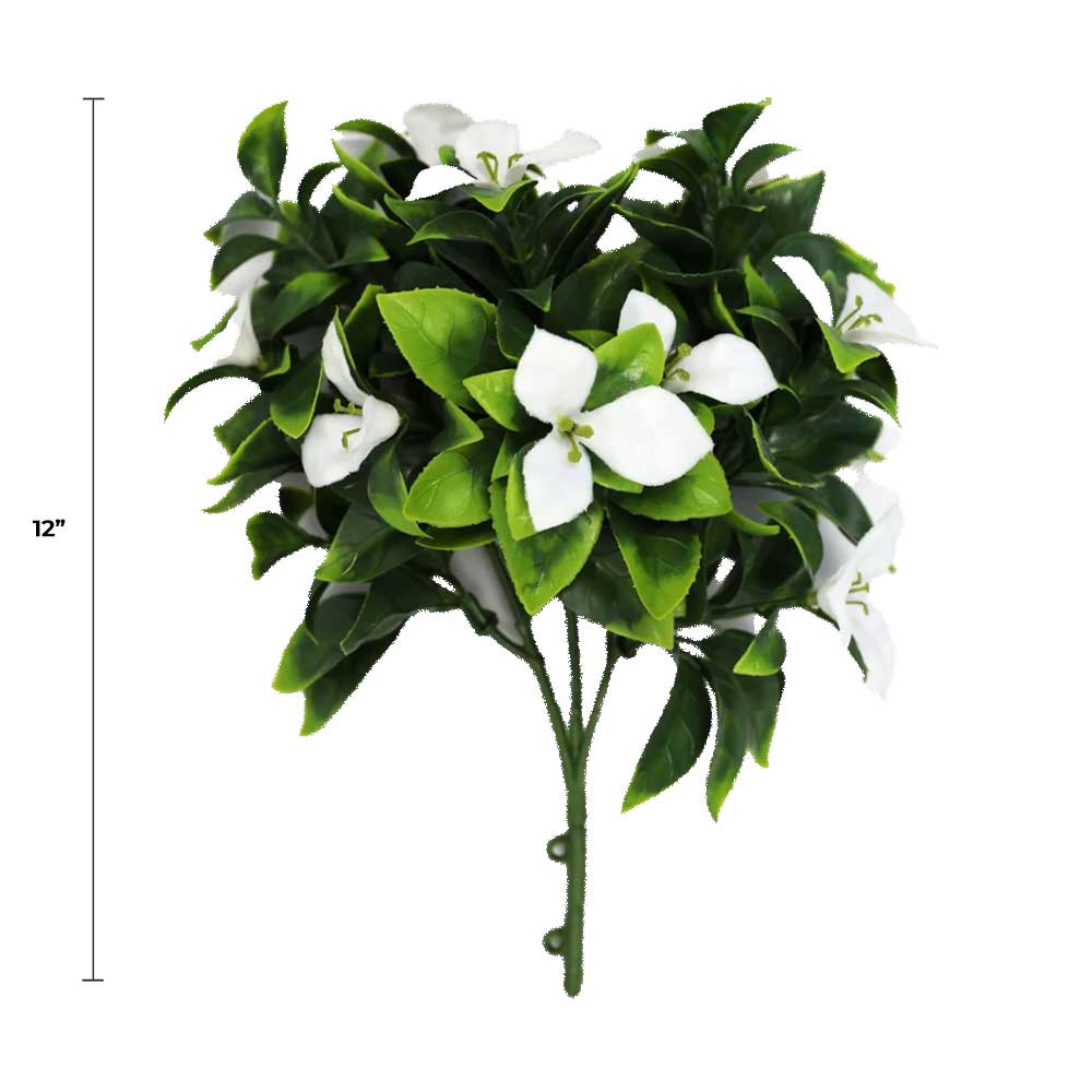 Artificial white bougainvillea flower stem, 12 inches long, designed for living wall inserts, UV resistant for outdoor use.