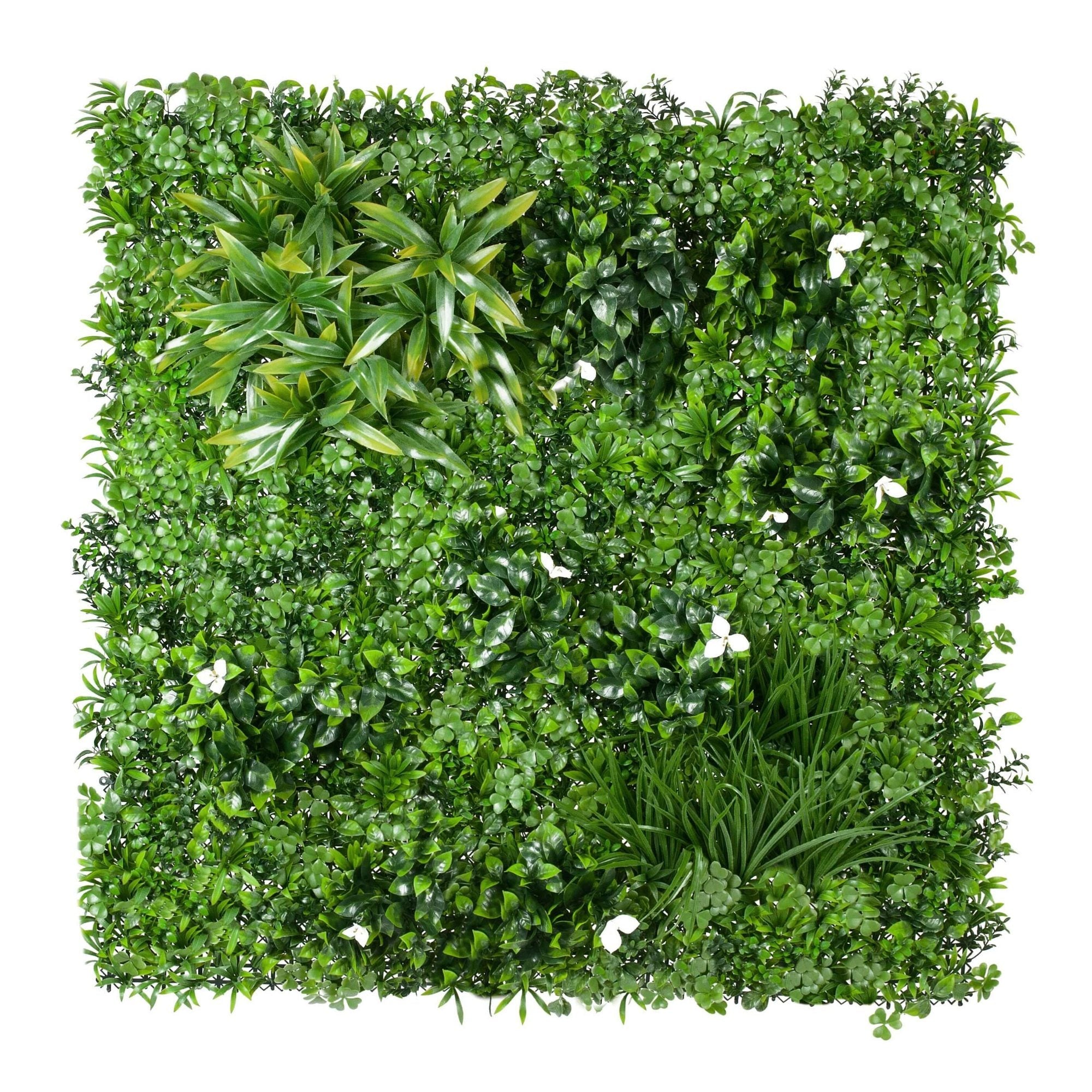 White Oasis Artificial Vertical Garden Panel by Designer Plants USA, UV-resistant living wall with lush green foliage, 40x40 inches.