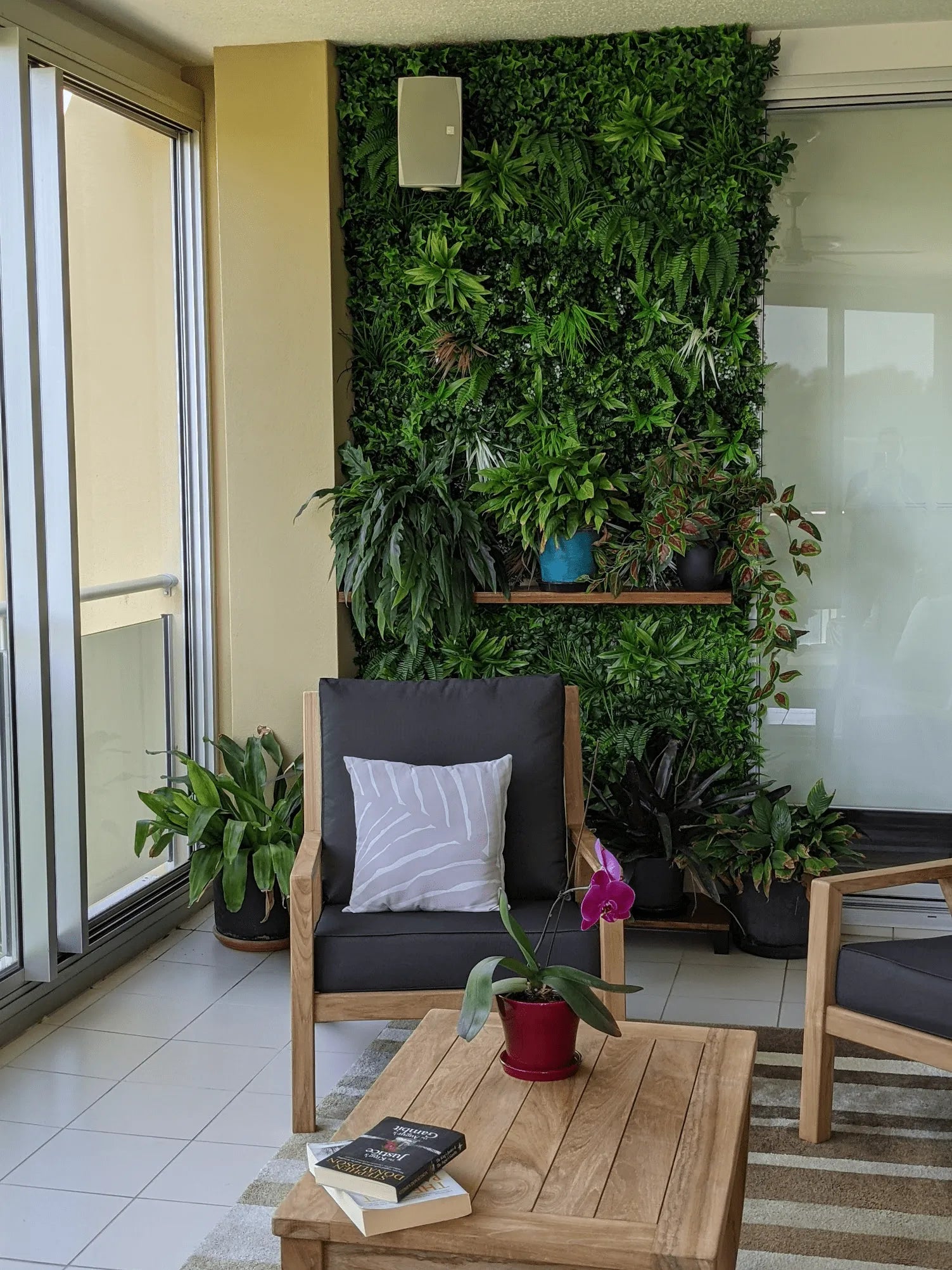 Wild Tropics artificial vertical garden panel by Designer Plants USA, UV resistant green wall for indoor or outdoor living walls.