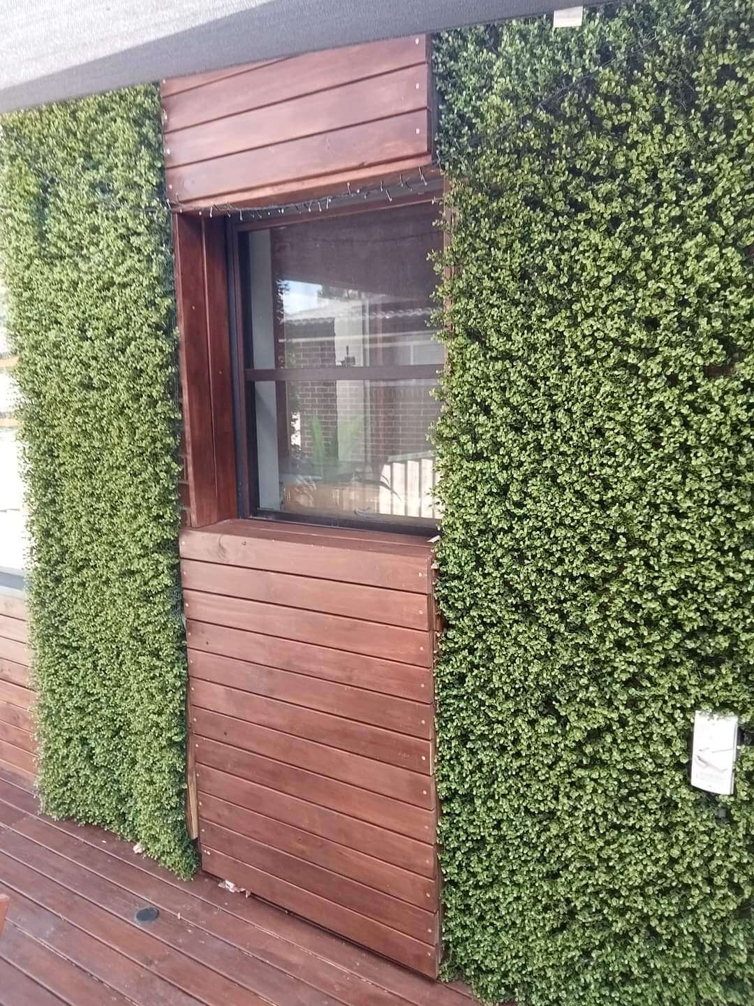Small sample of Designer Plants USA artificial boxwood hedge panel with natural green color for wall decoration or landscaping.