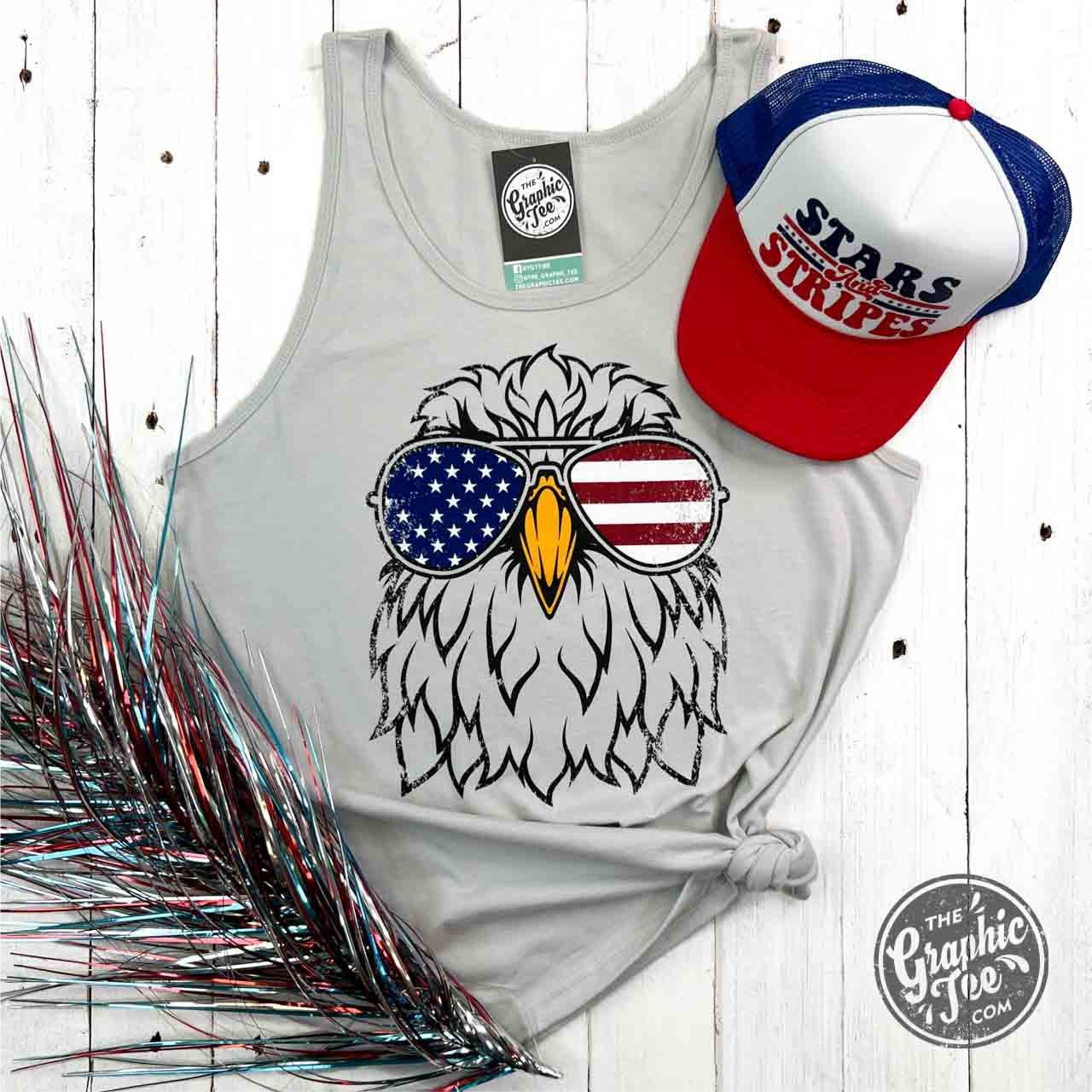 Silver eagle aviator graphic tank top for men and women by The Graphic Tee, stylish unisex sleeveless apparel.