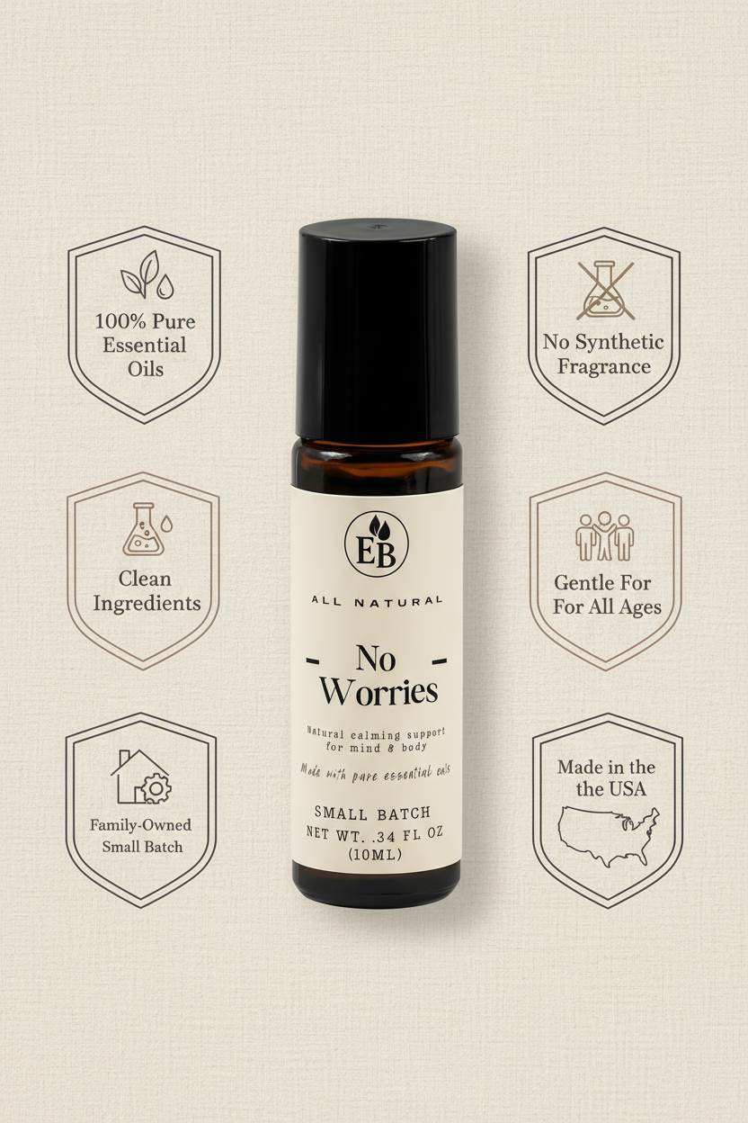 Elderberry Boost No Worries calming essential oil roll-on with soothing herbal blend in a compact applicator