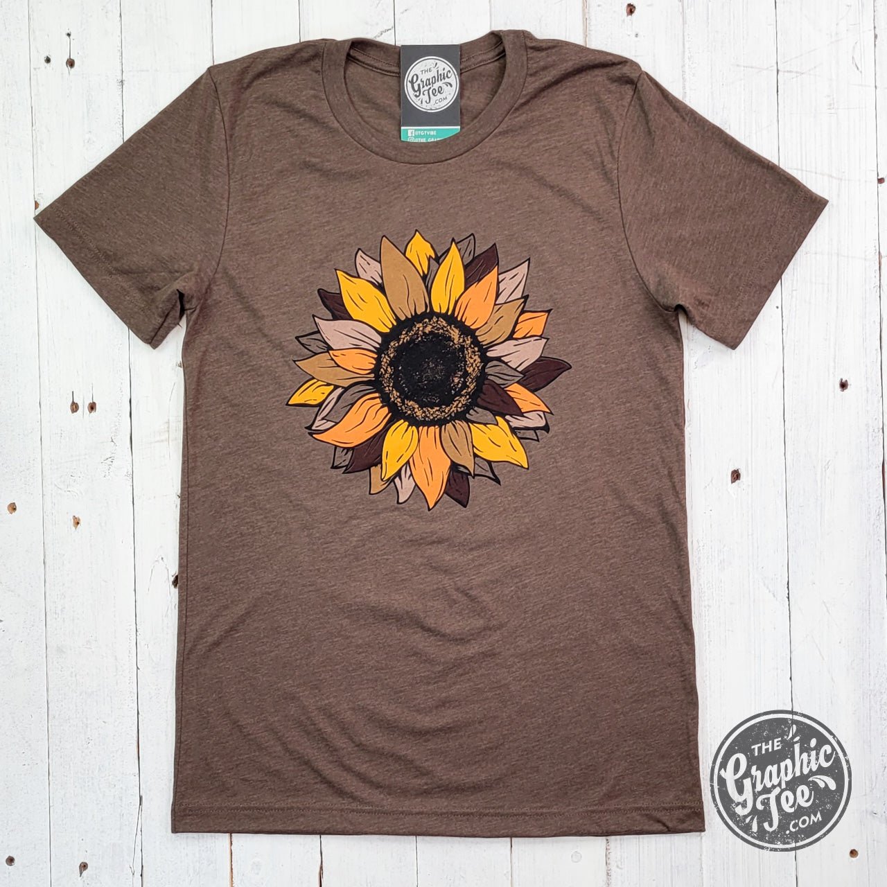 Heather brown short sleeve graphic tee with fall sunflower design by The Graphic Tee, casual and stylish for autumn wear.