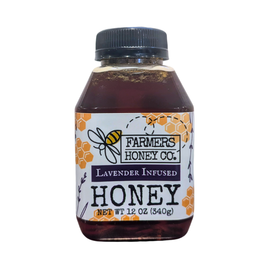 Jar of lavender-infused honey from FARMERS Lavender Co., showing golden honey with lavender flowers.