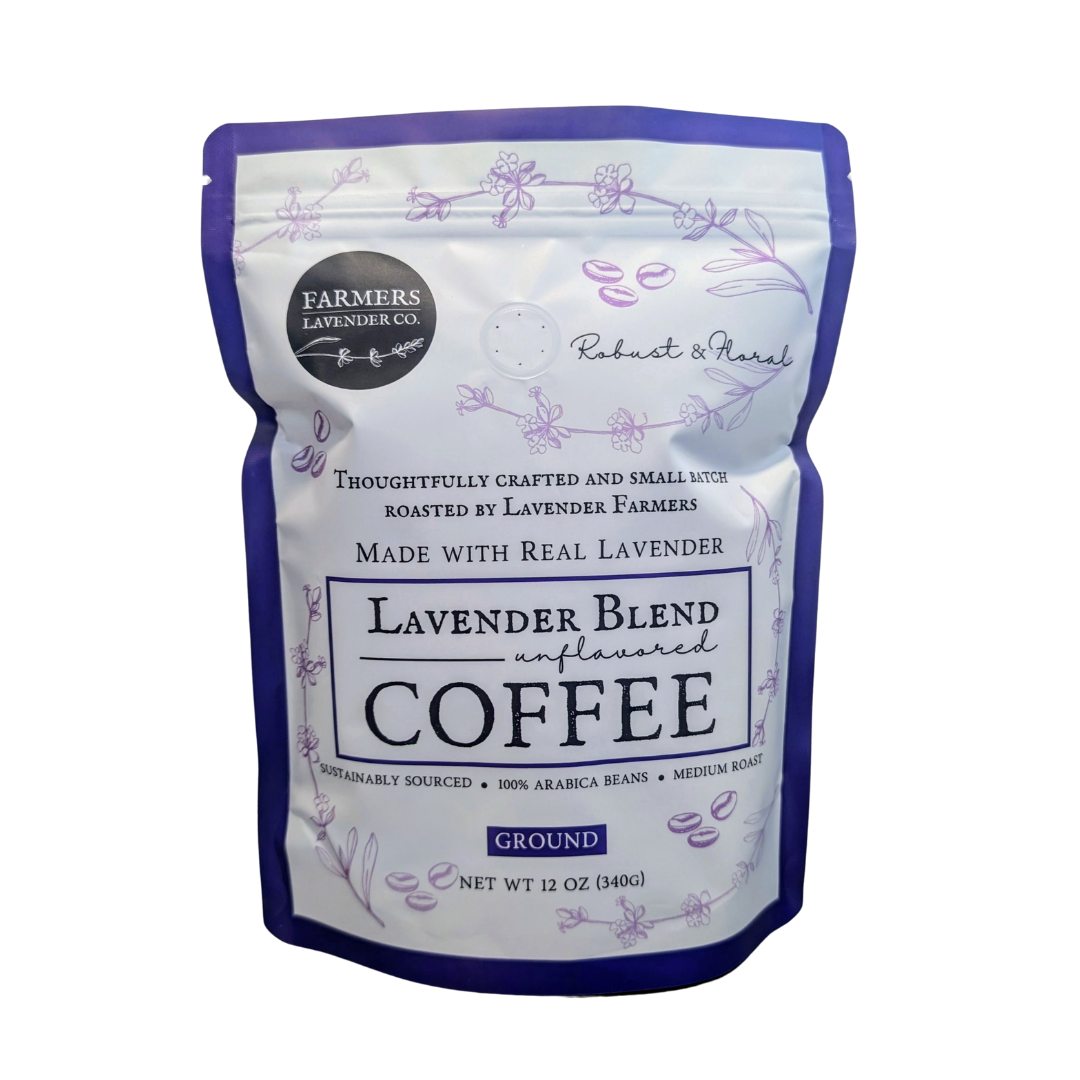 Ground lavender blend coffee from FARMERS Lavender Co., showing aromatic lavender-infused coffee grounds in a jar.