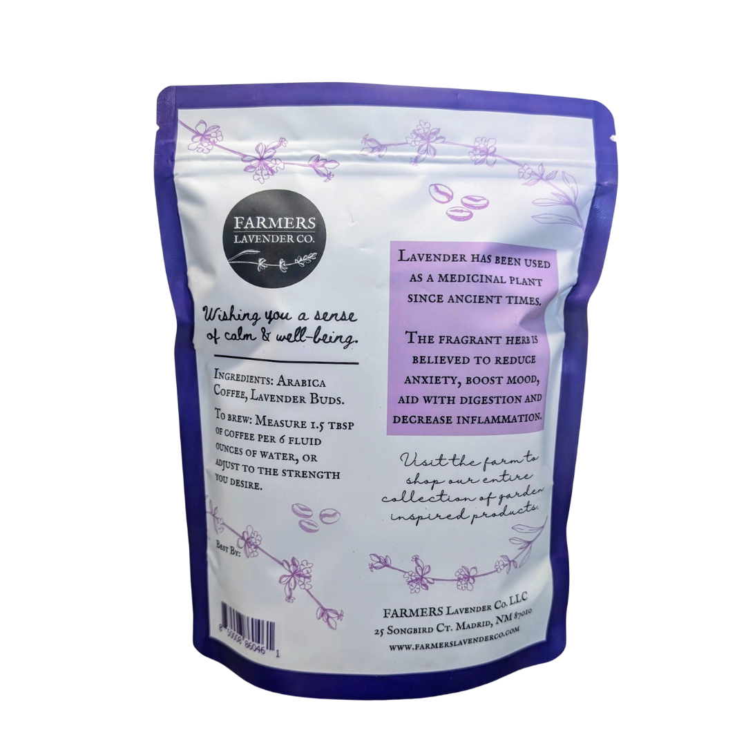 Ground lavender blend coffee from FARMERS Lavender Co., showing a bag of fragrant lavender ground coffee for brewing.