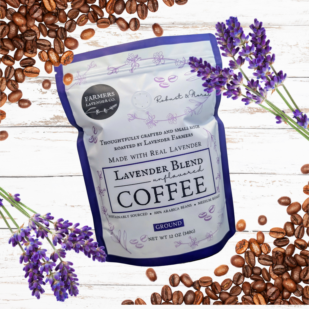 Ground lavender-infused coffee from FARMERS Lavender Co., showing a bag of Lavender Blend Coffee with lavender flowers.