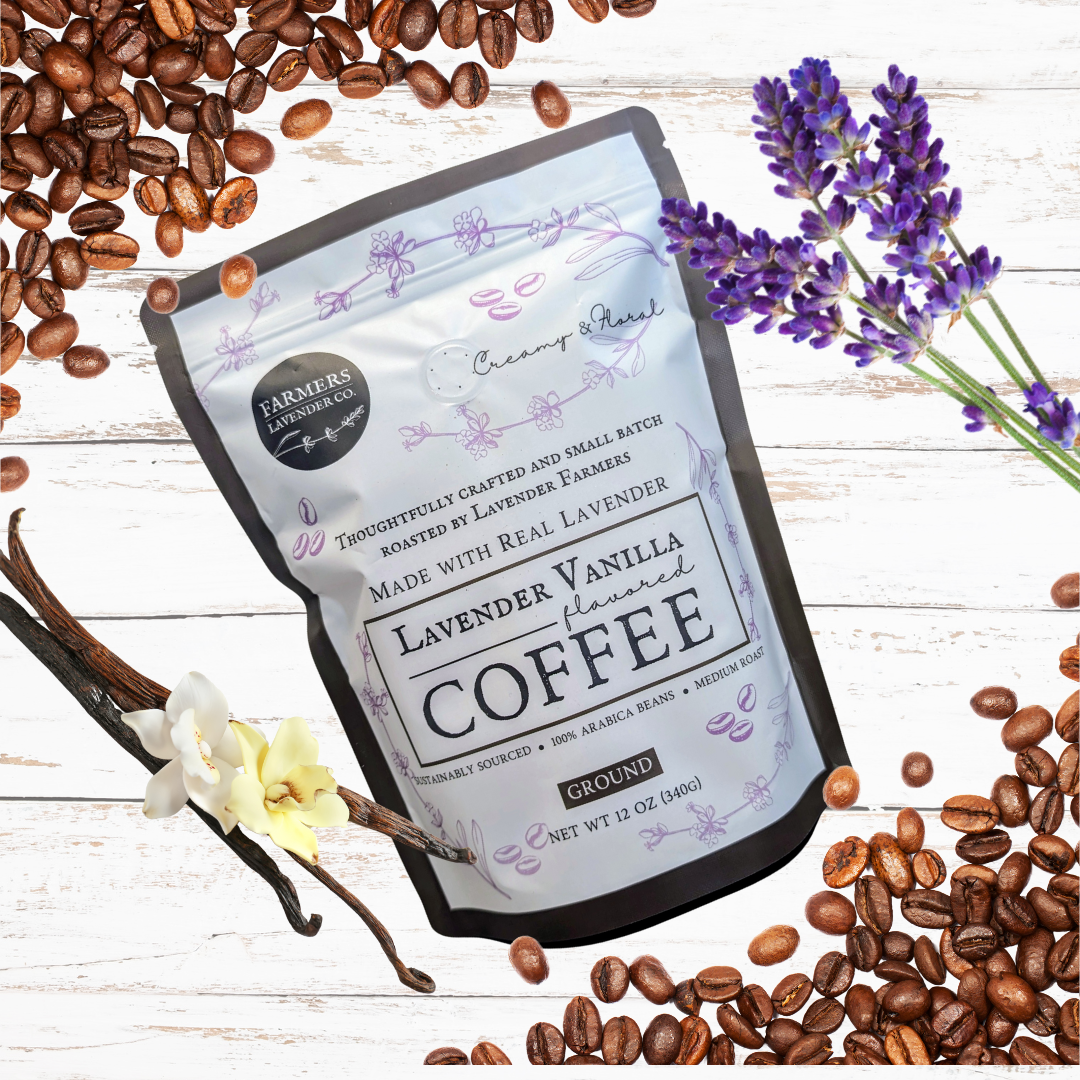 Ground Lavender Vanilla Coffee by FARMERS Lavender Co., showcasing lavender-infused coffee grounds in a close-up image.