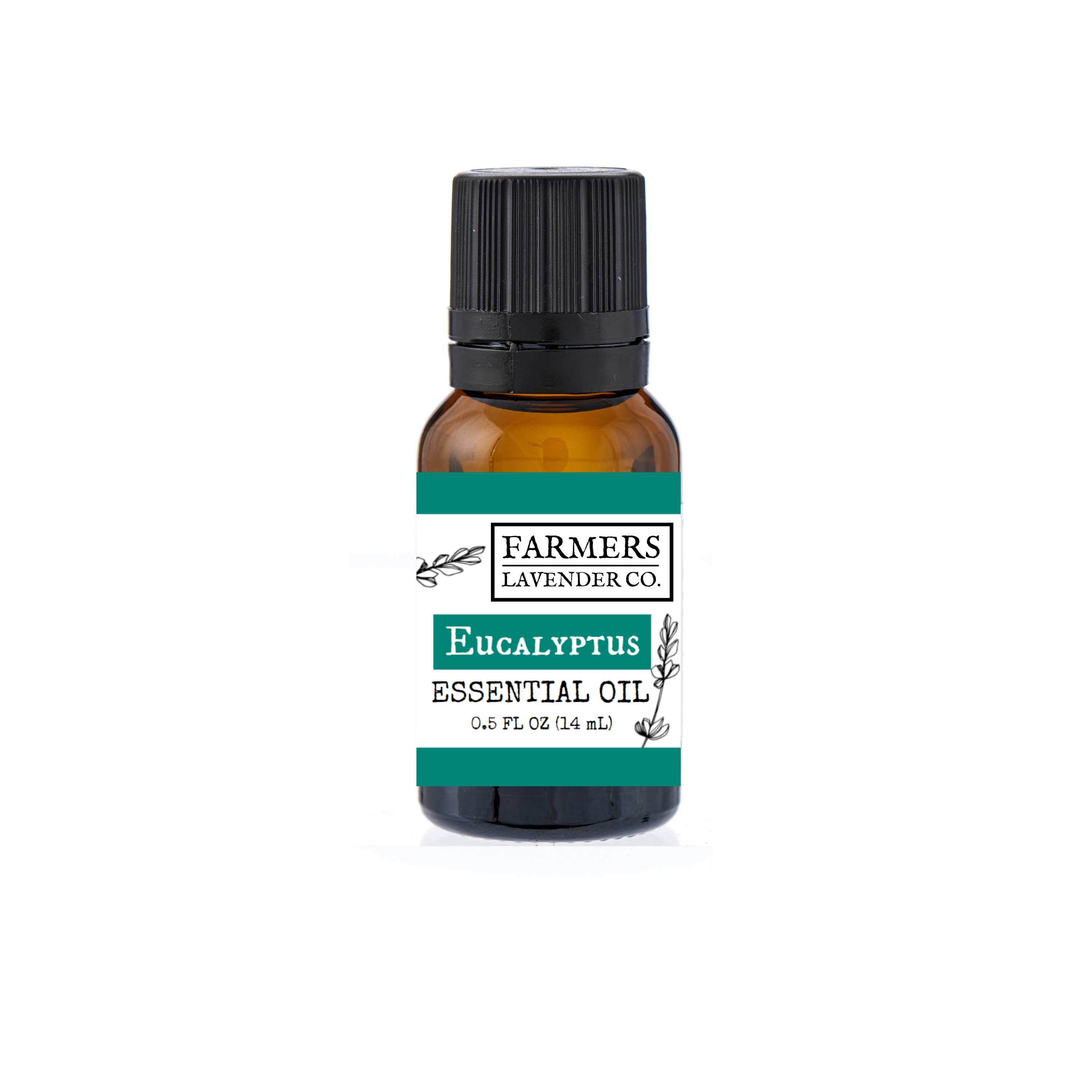 Eucalyptus pure essential oil bottle from FARMERS Lavender Co., showcasing clear glass container with eucalyptus leaves.