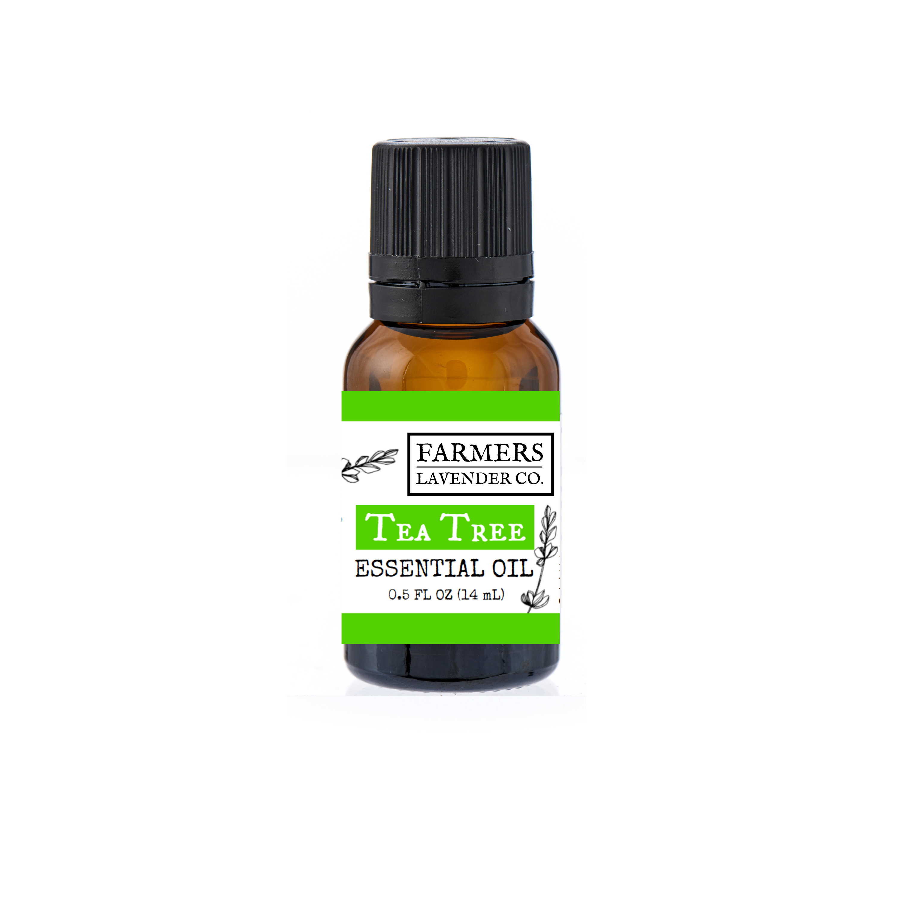 Bottle of FARMERS Lavender Co. Tea Tree Pure Essential Oil with a clear label and dropper cap on a white background.