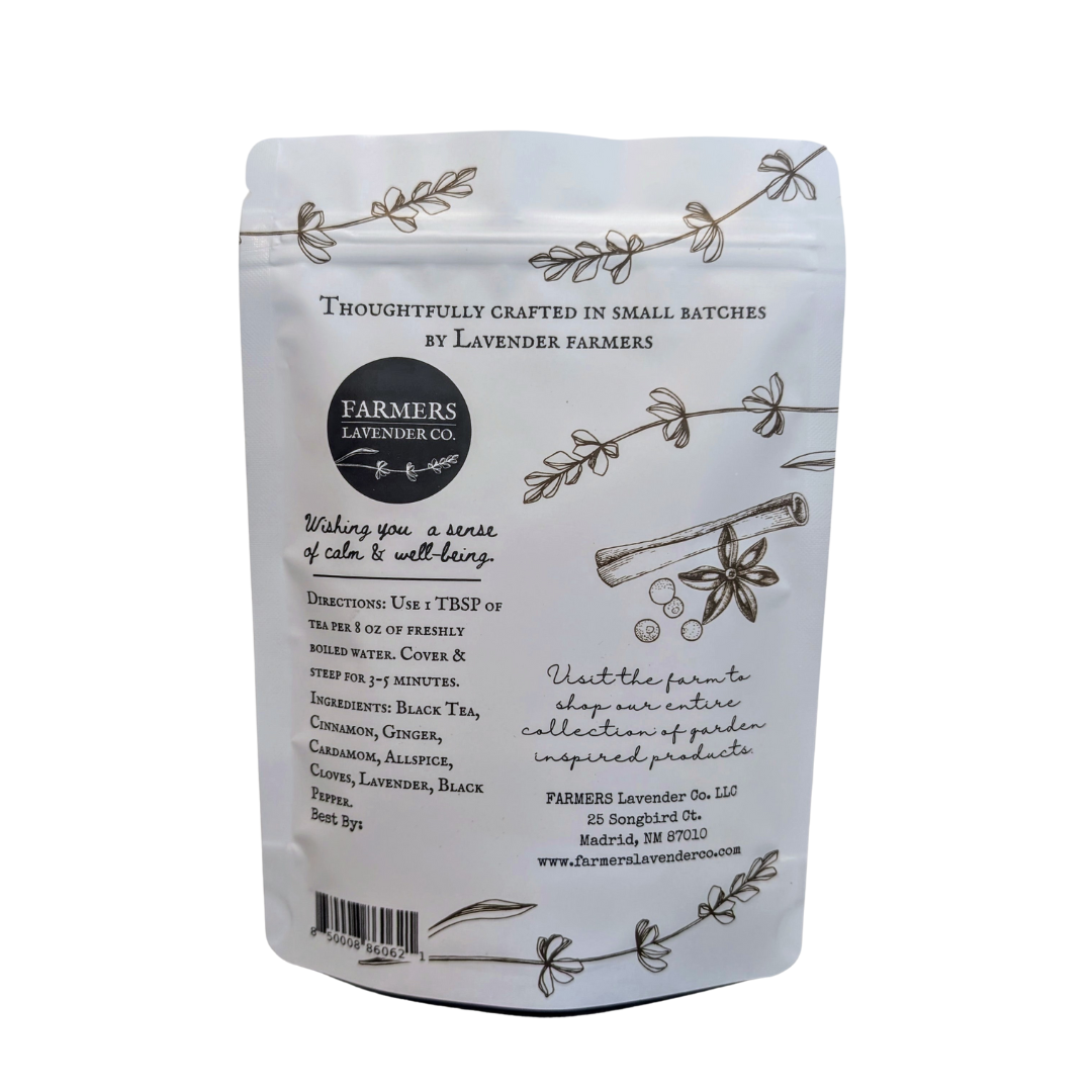 Loose leaf Lavender Chai Spice tea blend by FARMERS Lavender Co., showing fragrant tea leaves with lavender and spice accents.