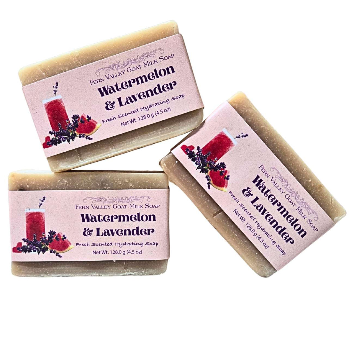 Handmade Fern Valley Goat Milk Soap with fresh watermelon and lavender scent, featuring a colorful, textured soap bar.