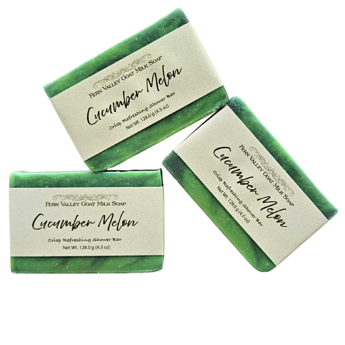 Handmade Fern Valley Goat Milk Soap with refreshing cucumber and melon scent, showcasing the soap bar with cucumber slices.