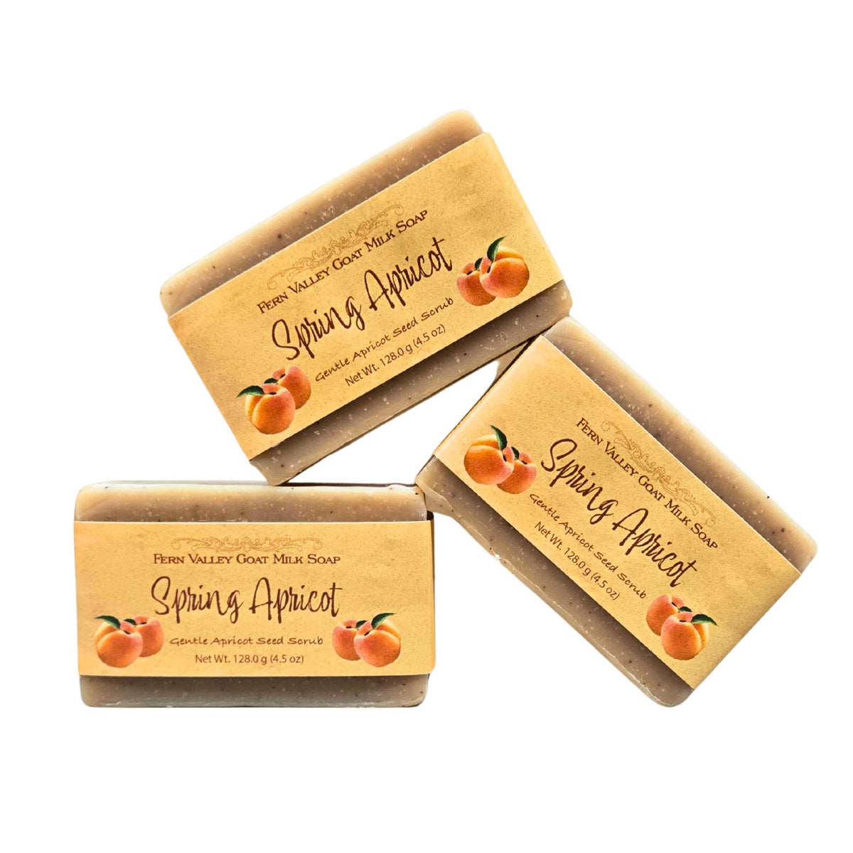Handmade Fern Valley Goat Milk Soap with spring apricot scent and exfoliating scrub, featuring fresh apricot pieces and natural soap texture.