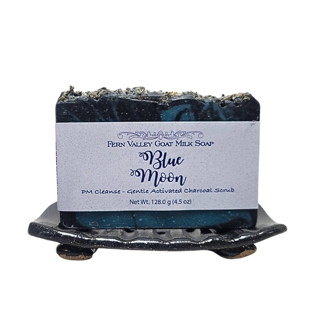 Fern Valley Soap natural goat milk soap with charcoal exfoliating scrub, featuring blue moon branding and cleansing ingredients.
