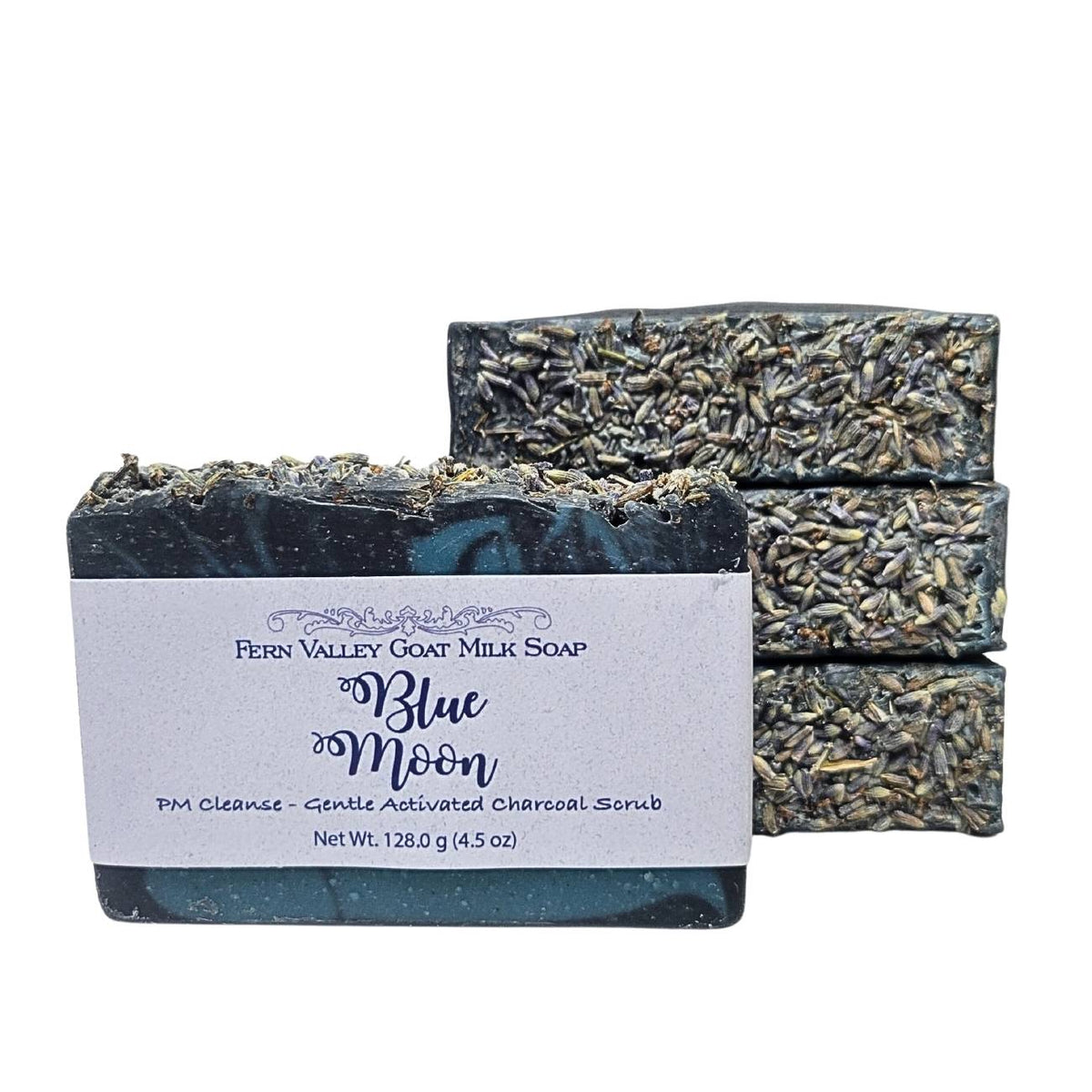 Fern Valley Soap Blue Moon goat milk soap with activated charcoal exfoliating scrub for gentle cleansing and skin renewal