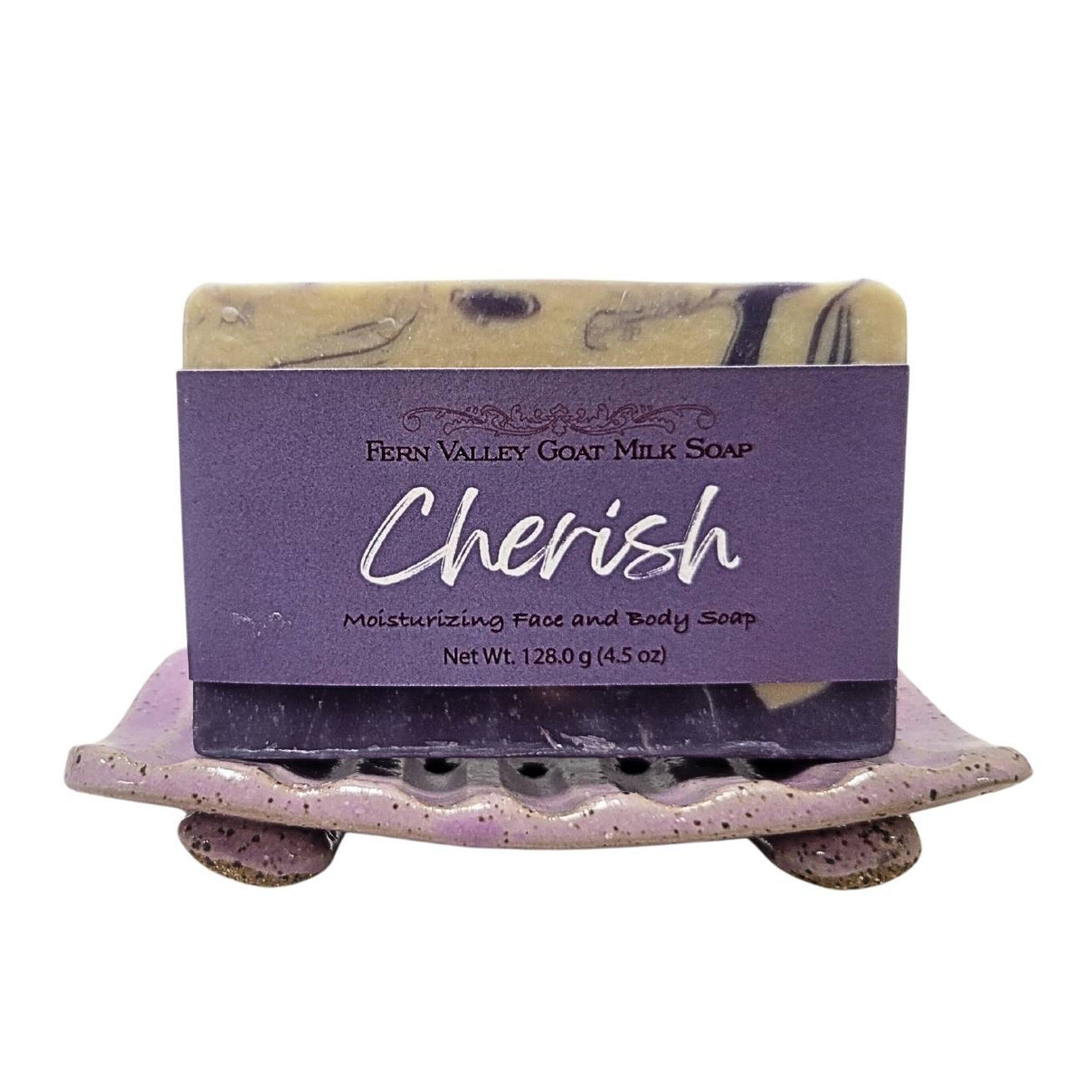 Fern Valley Soap Cherish goat milk soap with a sheer floral scent, featuring a creamy bar with floral packaging and natural ingredients.