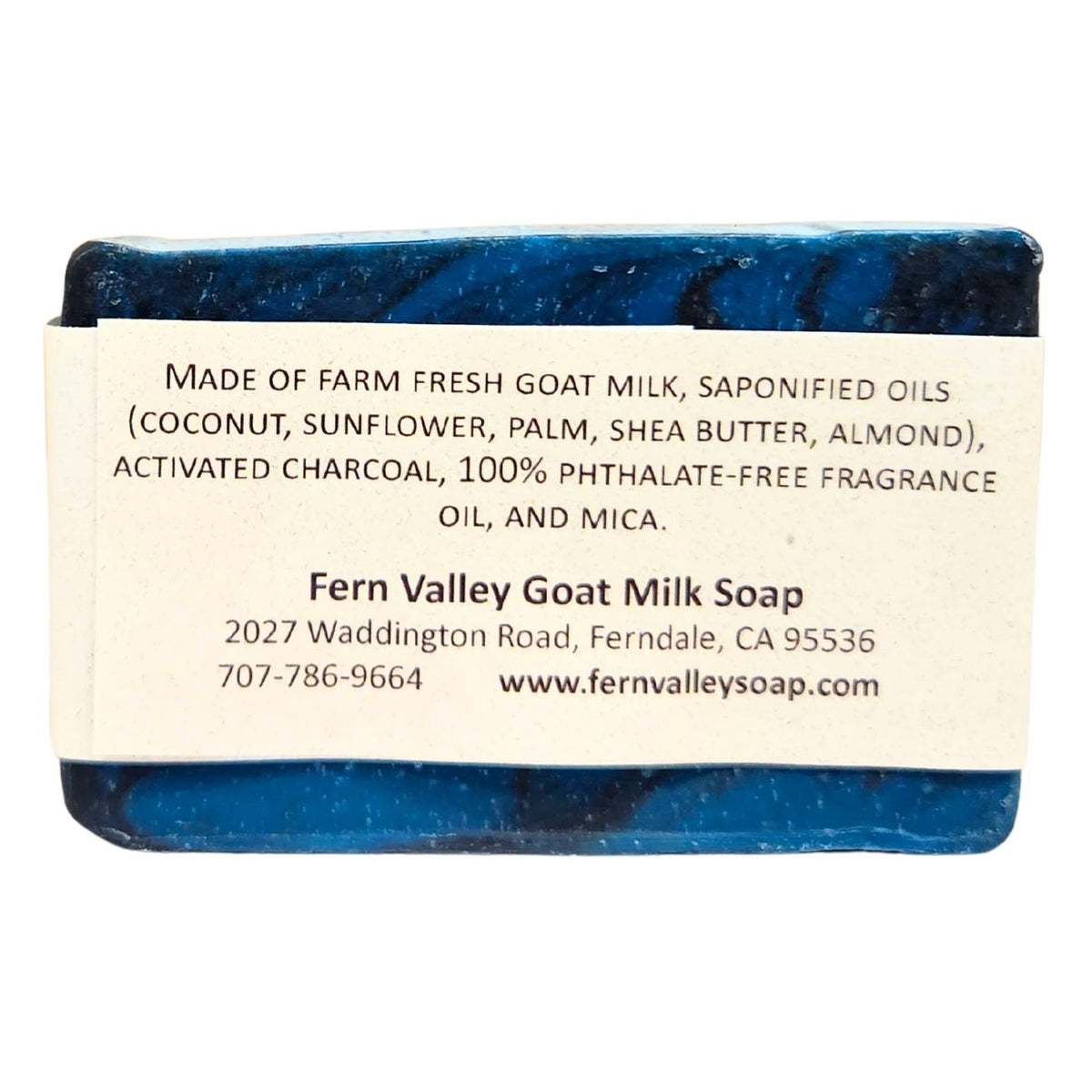 Fern Valley Soap's natural goat milk soap with activated charcoal, featuring a double-down formula for gentle cleansing.