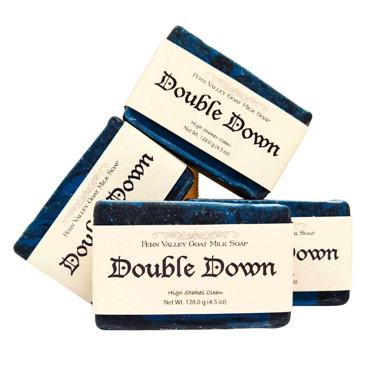 Fern Valley Soap Natural Goat Milk Soap with Activated Charcoal, double-down bar showing creamy texture and charcoal infusion