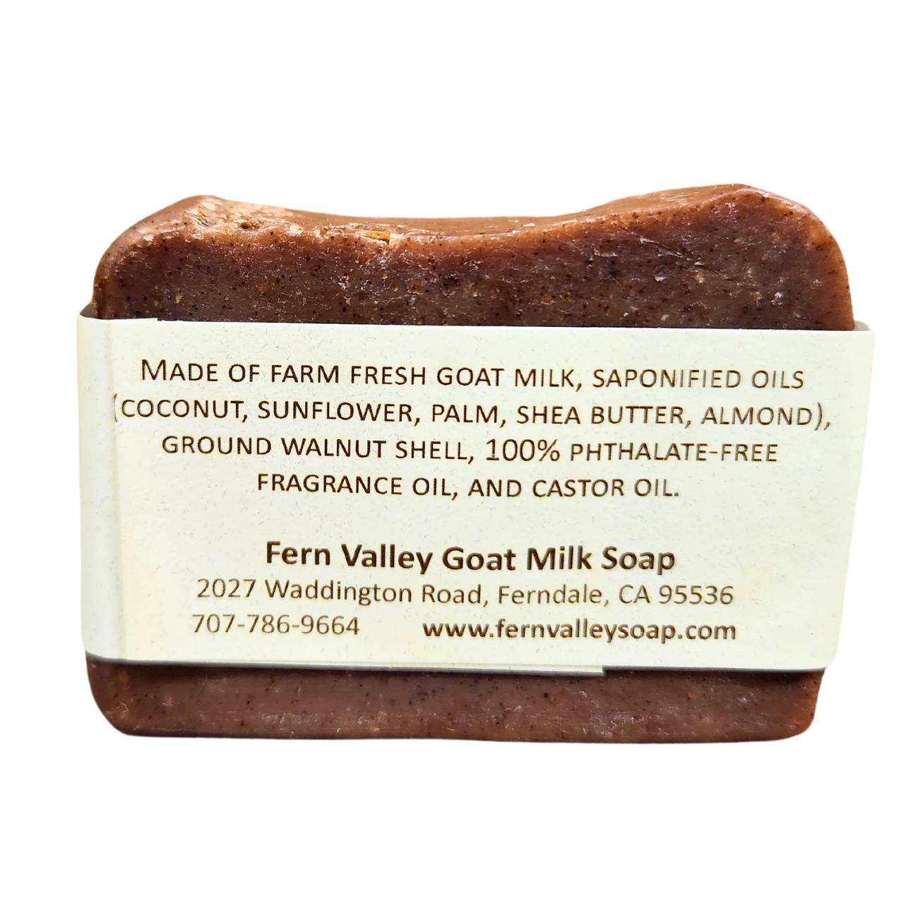 Fern Valley Soap Humboldt Scrub goat milk soap bar with spiced mahogany scent, showcasing a natural exfoliating body bar.